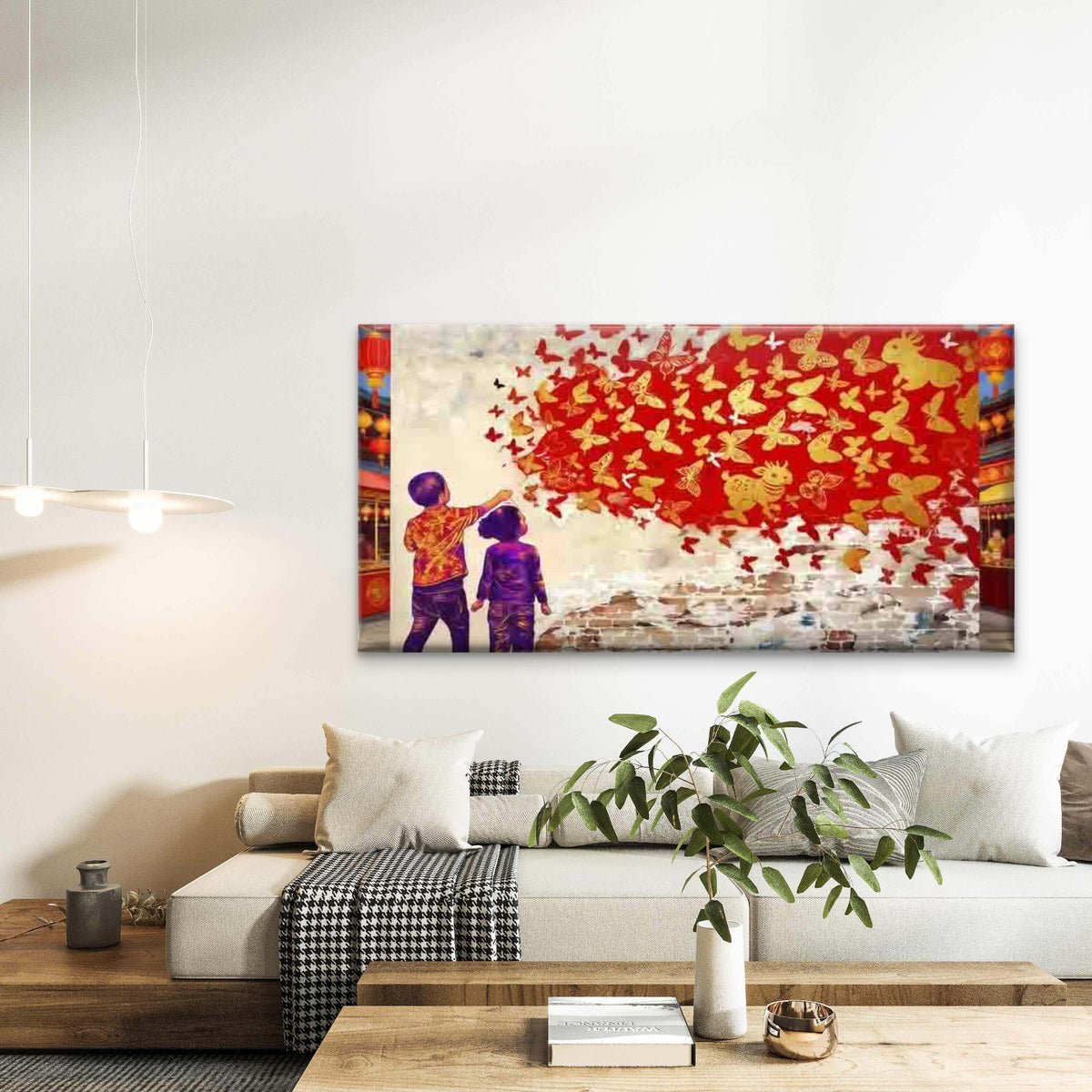 Children Watching Red Butterfli Wall Art Canvas Office Home Room Framed 120x60cm