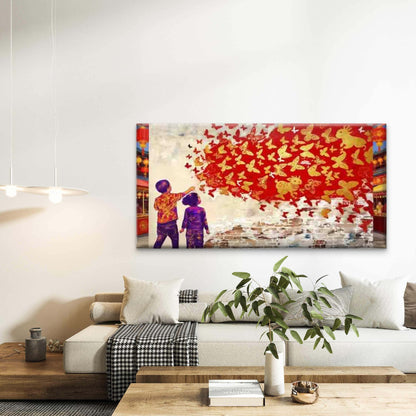 Children Watching Red Butterfli Wall Art Canvas Office Home Room Framed 120x60cm