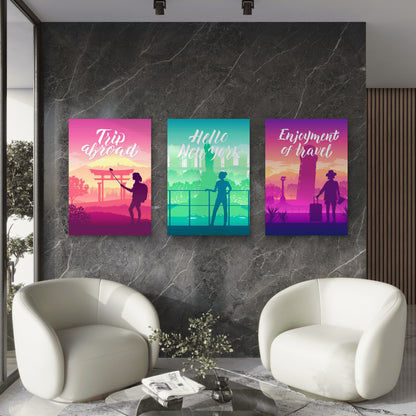 3pcs Retro Silhouette Pastel Travel Landscape Wall Art Set Canvas Framed 50x70cm - High Quality Print 100% Australian Made Wall Canvas Ready to Hang