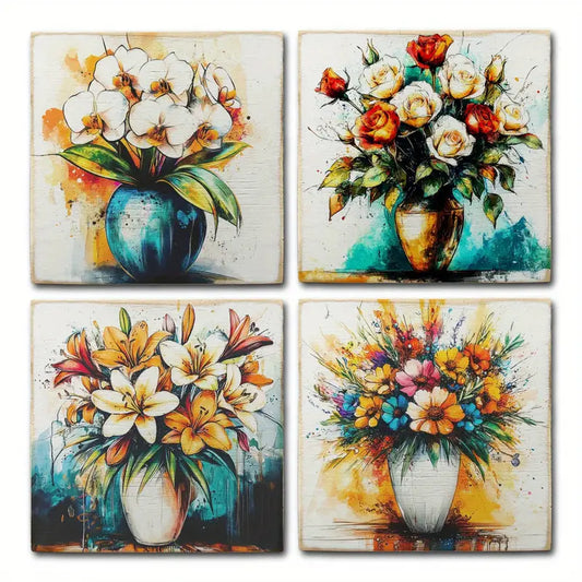 4pcs Water Colour Flower Vase Wall Art Canvas Framed
