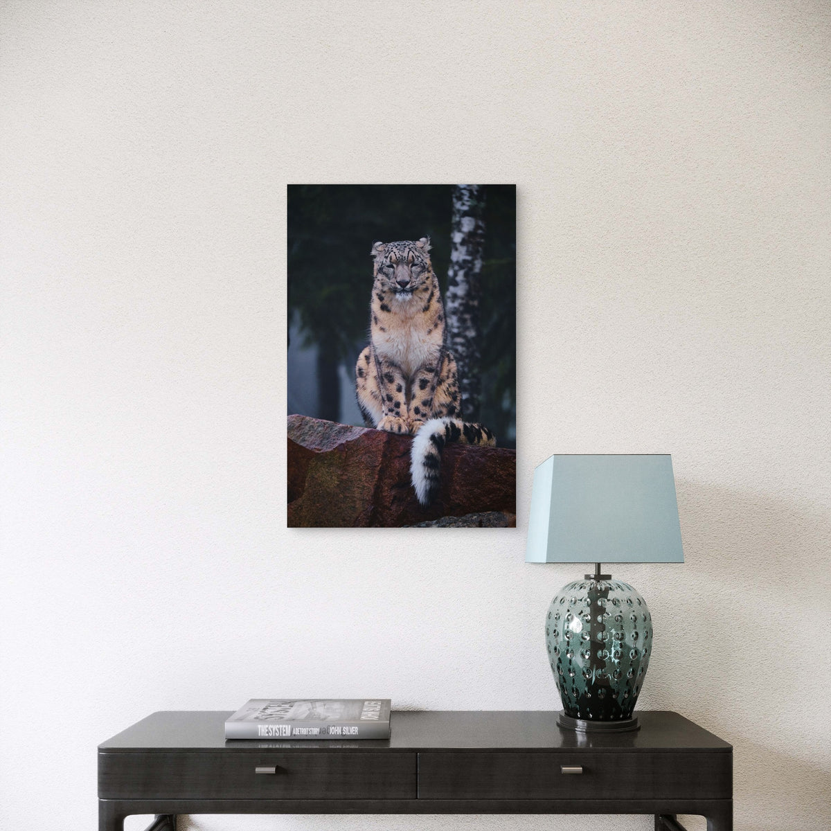 Snow Leopard Sitting On Top Of A Rock 60x90cm Metal Print Ready to Hang