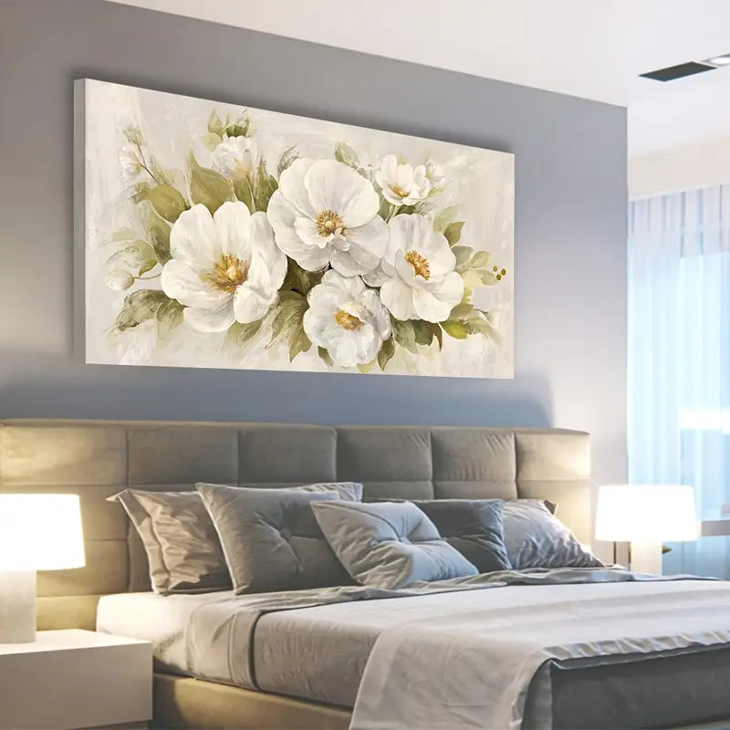 Elegant Beige Floral White Flowers & Green Foliage Wall Art canvas office home room framed 120x60cm