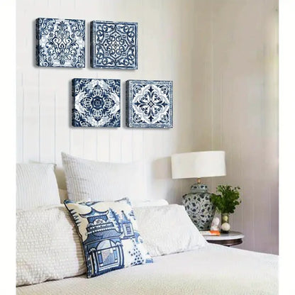 4pcs Navy Blue Floral Blue and White Patterns   Art Canvas Framed