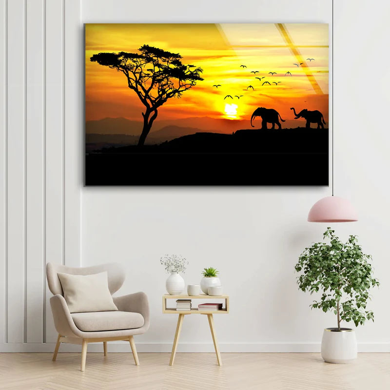 Elephants & Tree Sunset UV Direct Aluminum Print Australian Made Quality