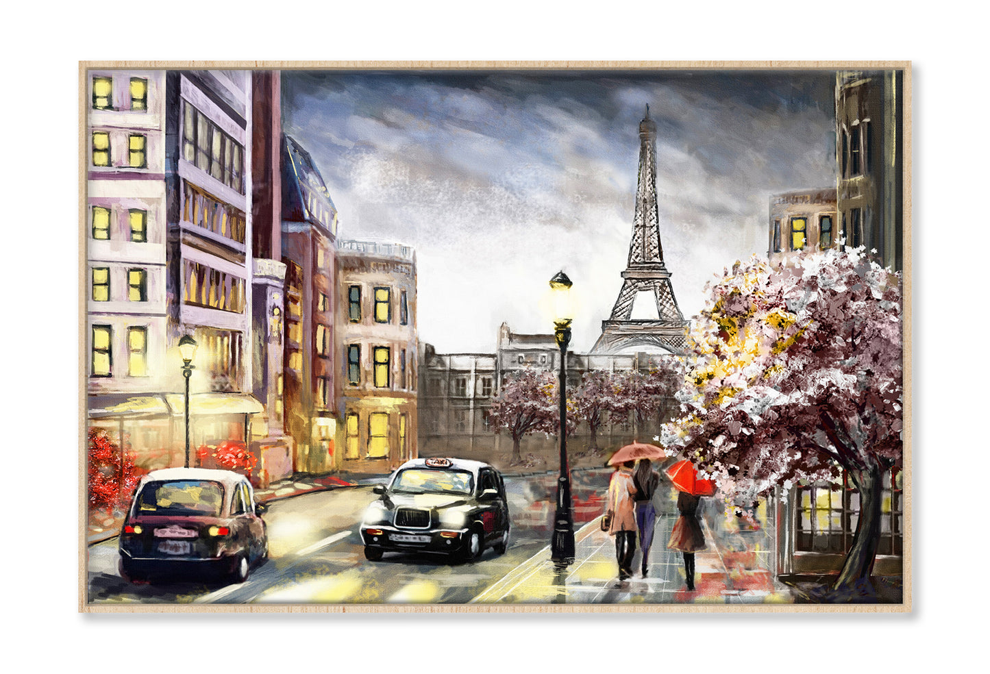 Paris Street Eiffel Tower & People Watercolor Painting Wall Art Limited Edition High Quality Print Canvas Box Framed Natural