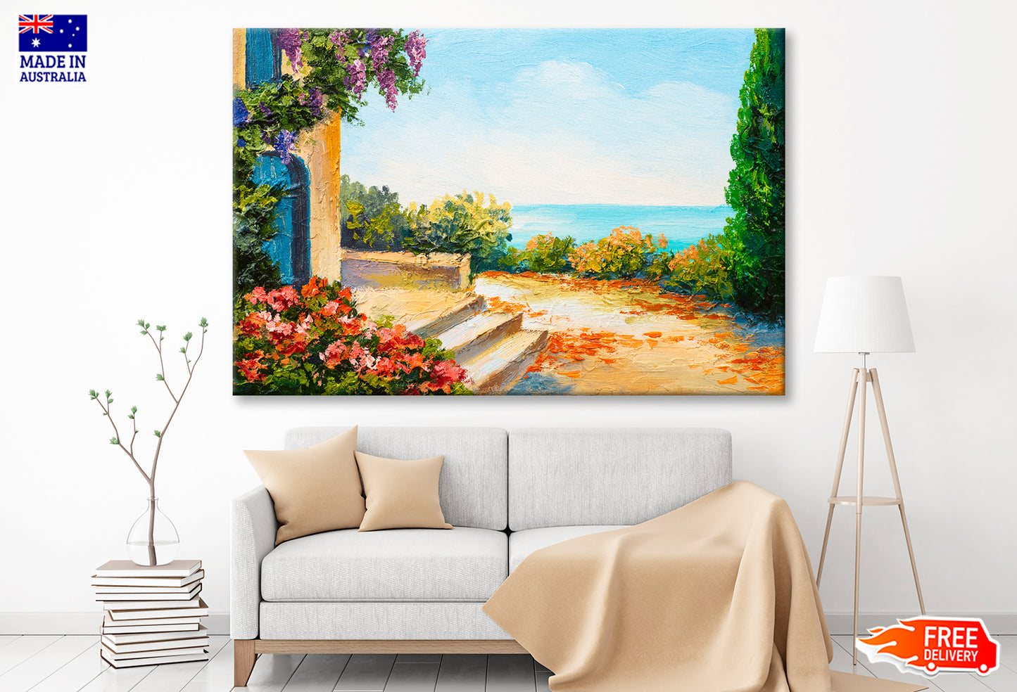 House Near The Sea, Colorful Flowers Oil Painting Wall Art Limited Edition High Quality Print