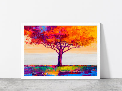 Abstract Colorful Autumn Tree Glass Framed Wall Art, Ready to Hang Quality Print Without White Border White