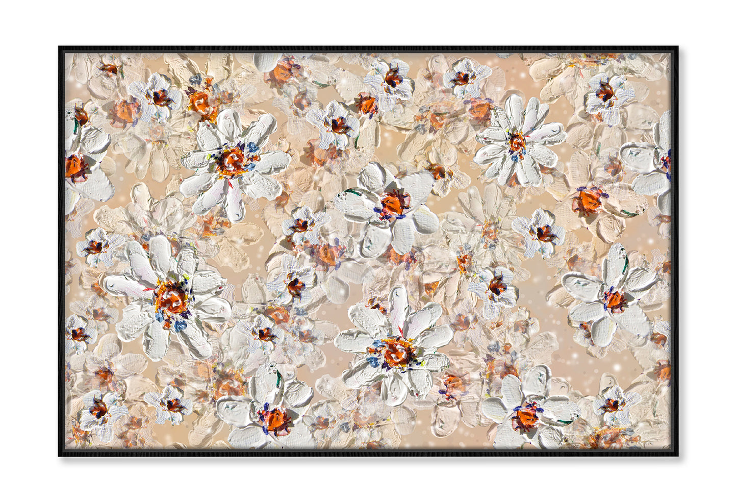 White Flowers Seamless Pattern Oil Painting Wall Art Limited Edition High Quality Print Canvas Box Framed Black