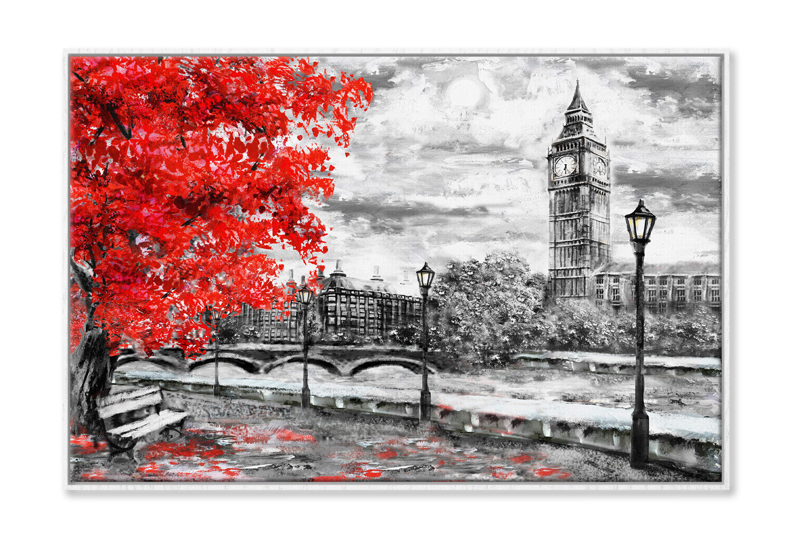 Big Ben Bridge & River with Red Tree Oil Painting Wall Art Limited Edition High Quality Print Canvas Box Framed White