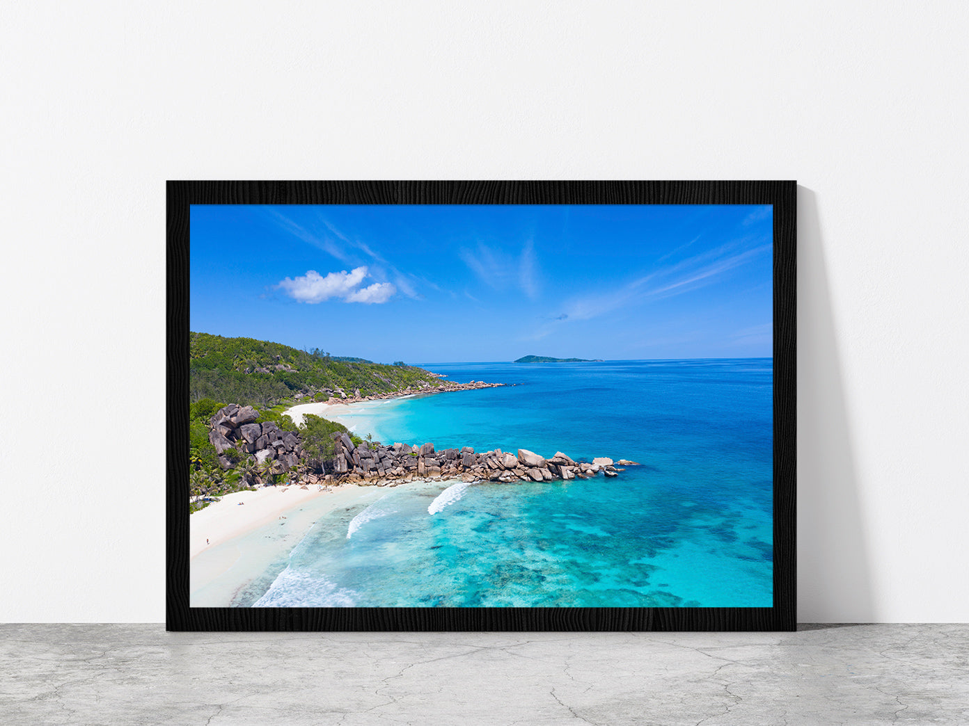 Grand Anse Beach On Island Glass Framed Wall Art, Ready to Hang Quality Print Without White Border Black