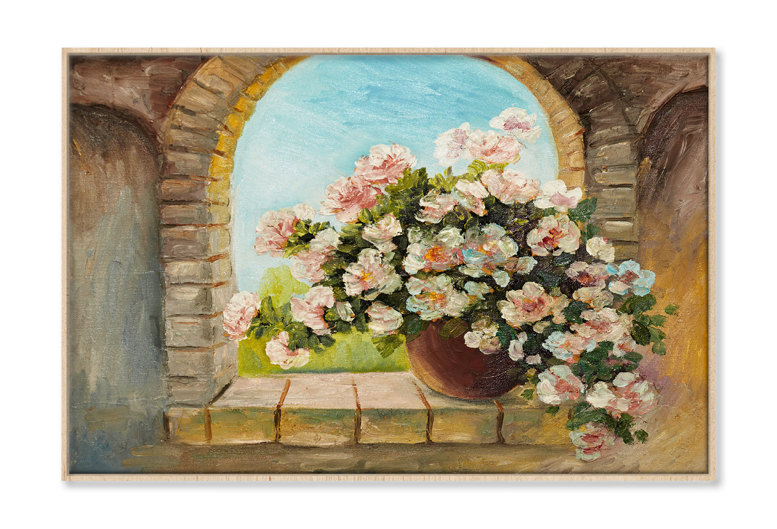 Bouquet Of Flowers On A Stone Sill Oil Painting Limited Edition High Quality Print Canvas Box Framed Natural