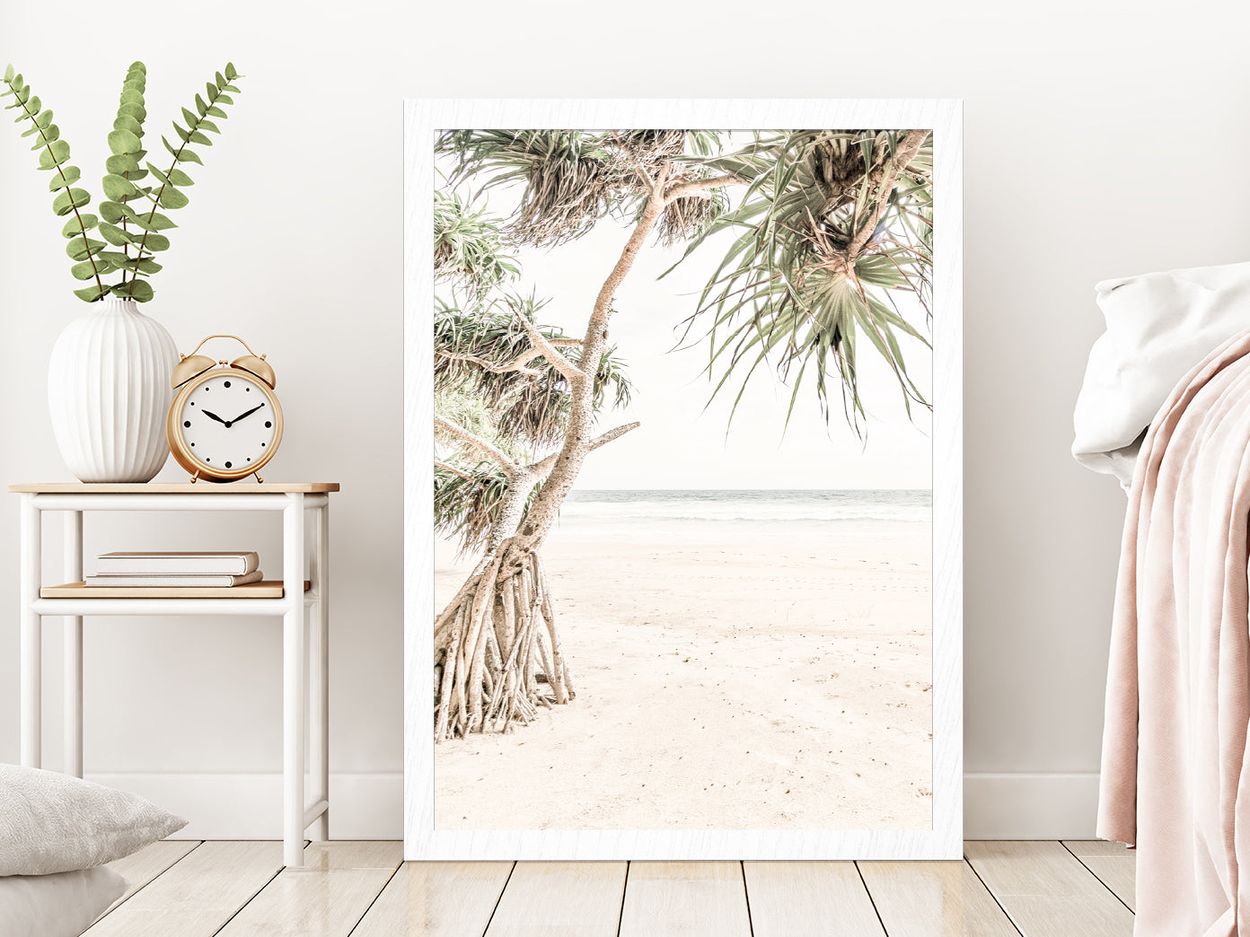 Trees near Sandy Beach View Photograph Glass Framed Wall Art, Ready to Hang Quality Print Without White Border White