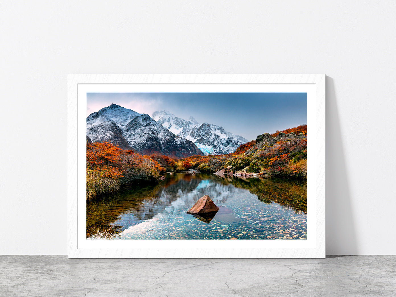 Mountain Reflection In The River Glass Framed Wall Art, Ready to Hang Quality Print With White Border White