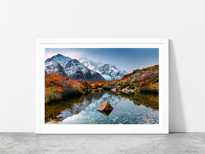 Mountain Reflection In The River Glass Framed Wall Art, Ready to Hang Quality Print With White Border White