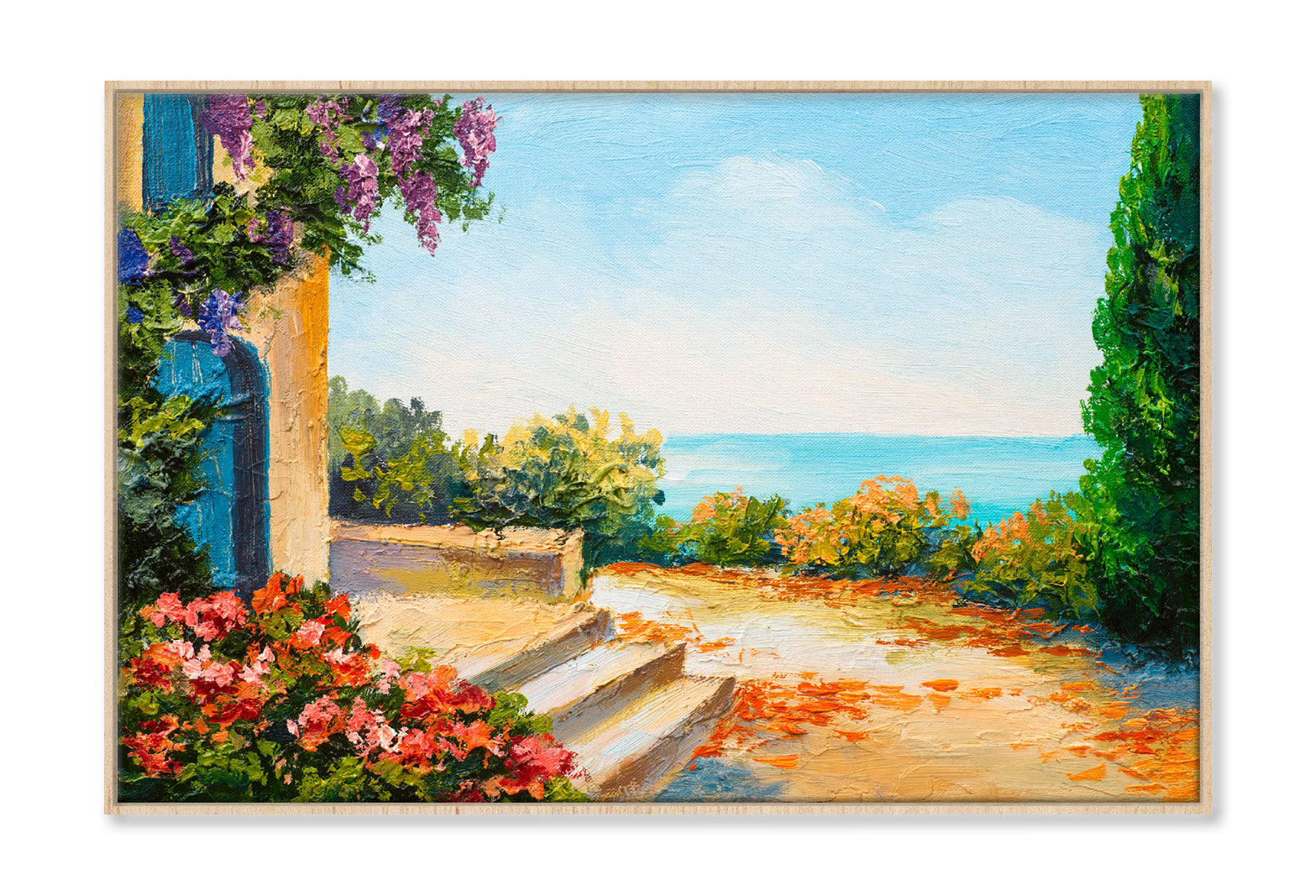 House Near The Sea, Colorful Flowers Oil Painting Wall Art Limited Edition High Quality Print Canvas Box Framed Natural