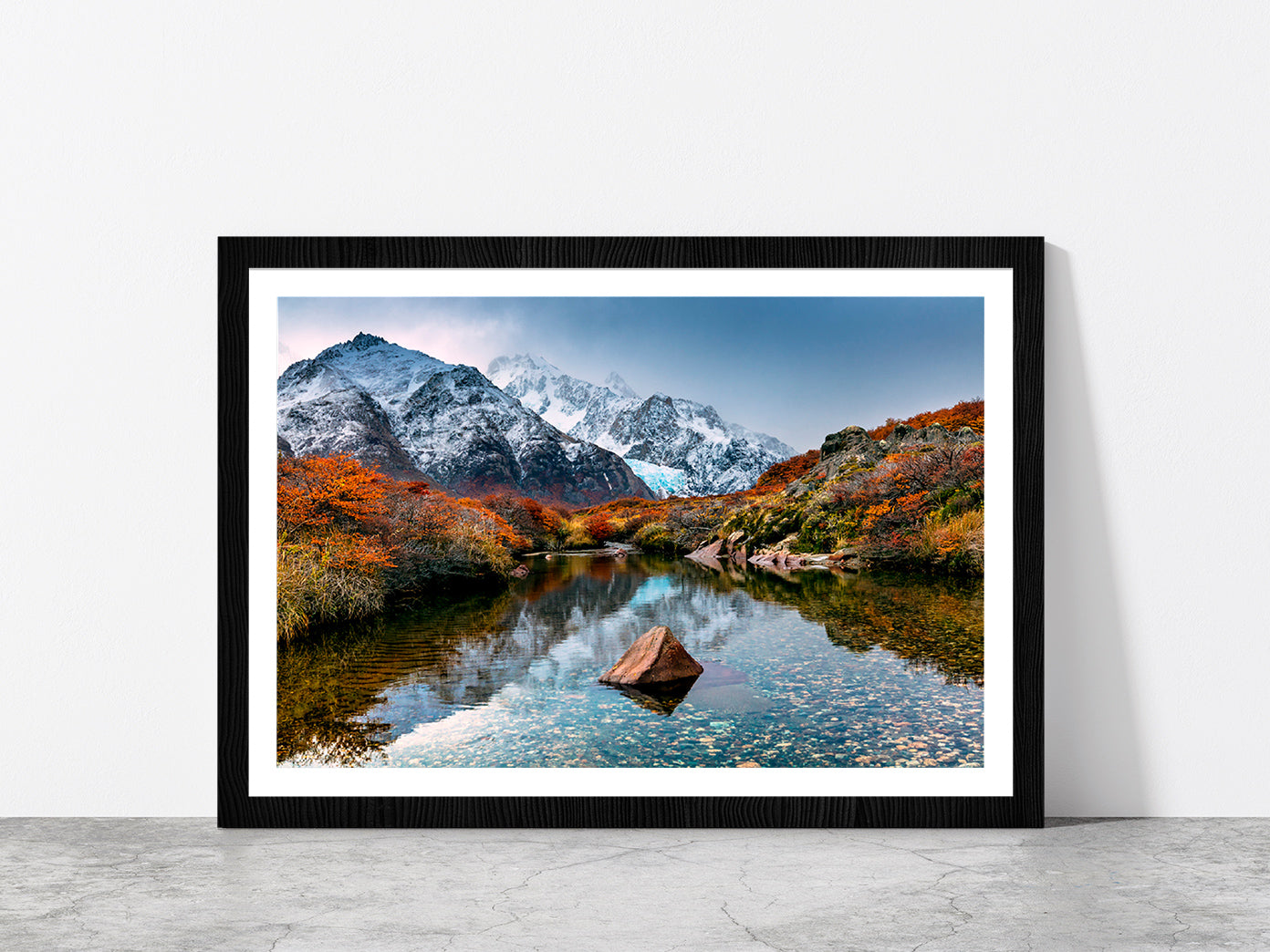 Mountain Reflection In The River Glass Framed Wall Art, Ready to Hang Quality Print With White Border Black