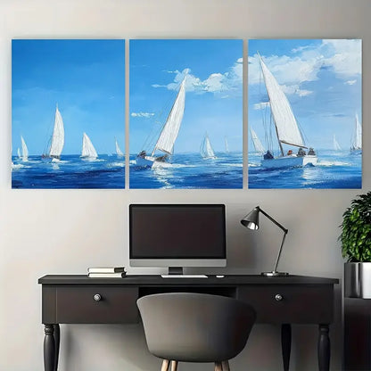 3pcs Shimmering Sea & Clear Sky Scene Metal Print Ready to Hang Art