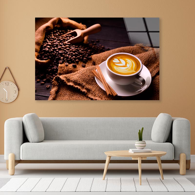 Cup Of Coffee with A Spoon and Some Coffee Beans Acrylic Glass Print Tempered Glass Wall Art 100% Made in Australia Ready to Hang