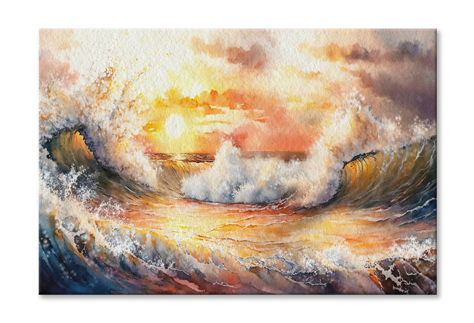 Sea Waves & Sunset Cloudy Sky Watercolor Painting Wall Art Limited Edition High Quality Print Stretched Canvas None