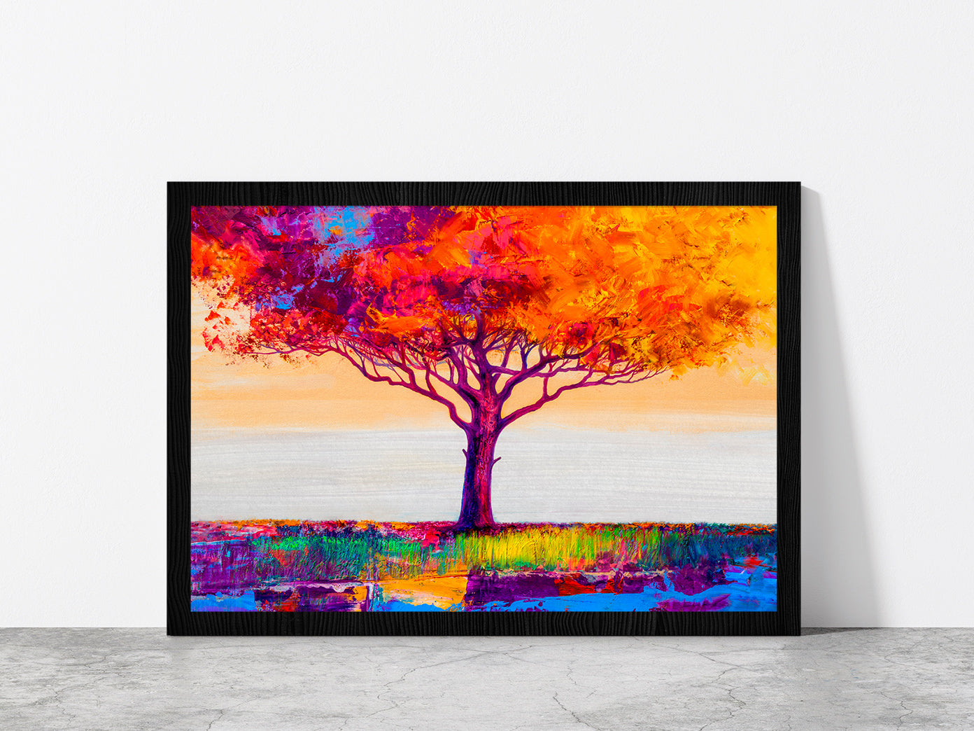 Abstract Colorful Autumn Tree Glass Framed Wall Art, Ready to Hang Quality Print Without White Border Black