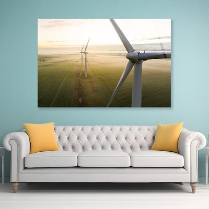 Aerial View Of Three Wind Turbines in The Early Morning Fog at Sunrise Acrylic Glass Print Tempered Glass Wall Art 100% Made in Australia Ready to Hang