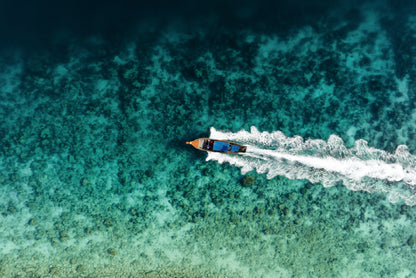 Aerial View of a Long tail Boat Sailing on a Water Print 100% Australian Made