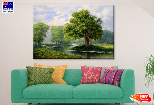 Green Tree Forest & River Cloudy Sky Oil Painting Wall Art Limited Edition High Quality Print