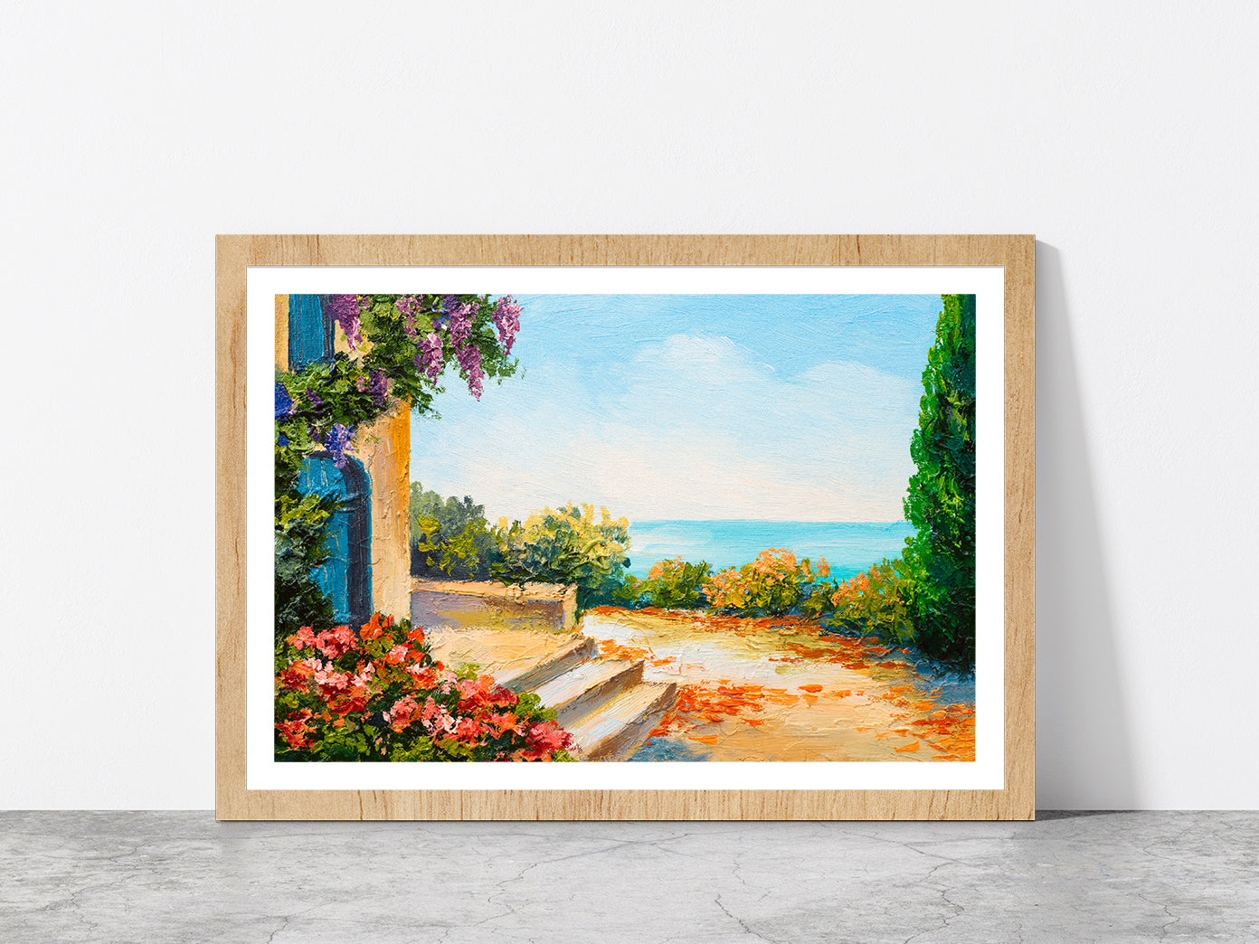 House Near The Sea, Colorful Flowers Glass Framed Wall Art, Ready to Hang Quality Print With White Border Oak