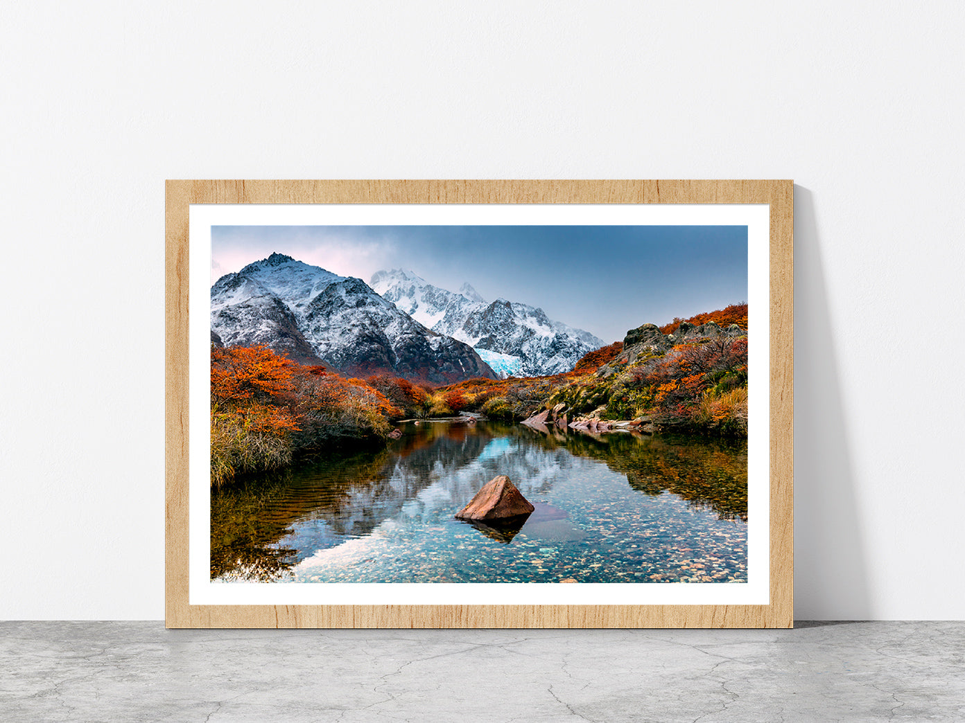 Mountain Reflection In The River Glass Framed Wall Art, Ready to Hang Quality Print With White Border Oak