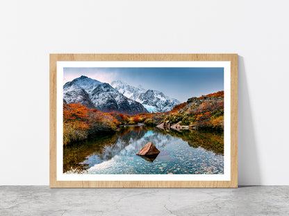 Mountain Reflection In The River Glass Framed Wall Art, Ready to Hang Quality Print With White Border Oak