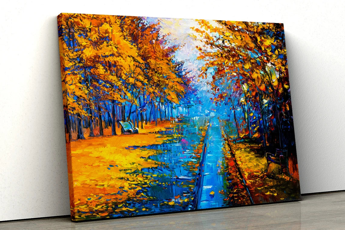 Yellow trees walkway path oil painting UV Direct Aluminum Print Australian Made Quality