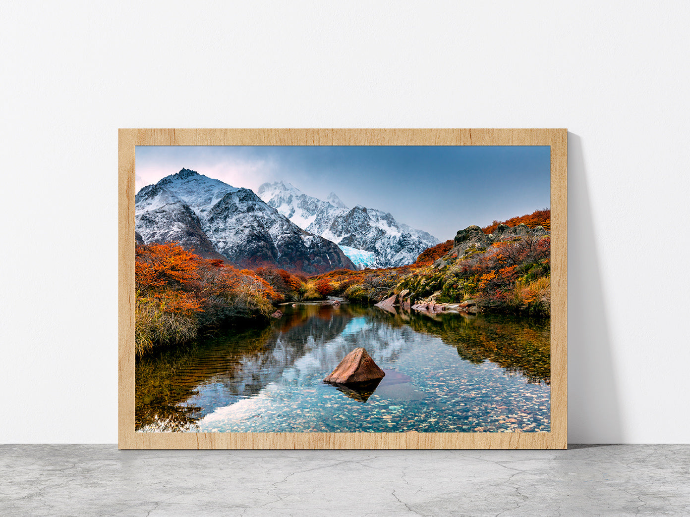 Mountain Reflection In The River Glass Framed Wall Art, Ready to Hang Quality Print Without White Border Oak