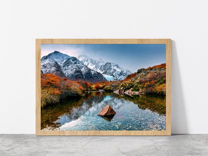 Mountain Reflection In The River Glass Framed Wall Art, Ready to Hang Quality Print Without White Border Oak