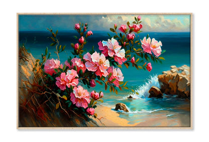 Pink Flowers by The Sea Painting Wall Art Limited Edition High Quality Print