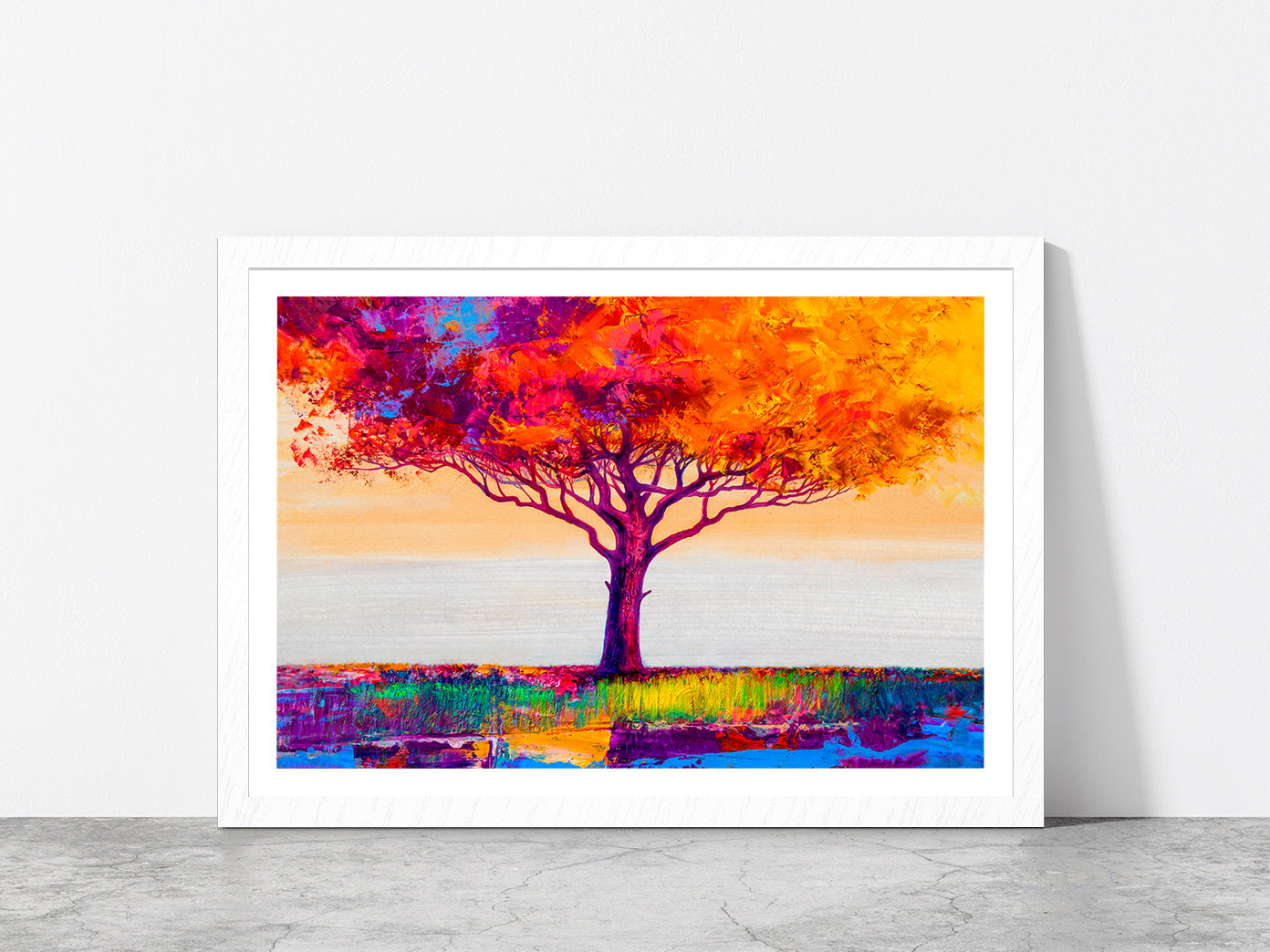 Abstract Colorful Autumn Tree Glass Framed Wall Art, Ready to Hang Quality Print With White Border White