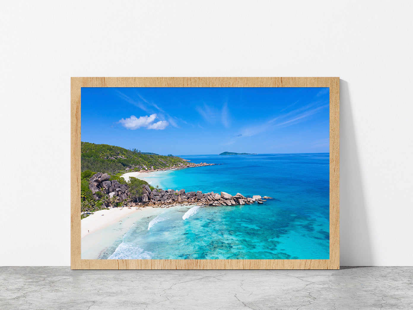 Grand Anse Beach On Island Glass Framed Wall Art, Ready to Hang Quality Print Without White Border Oak