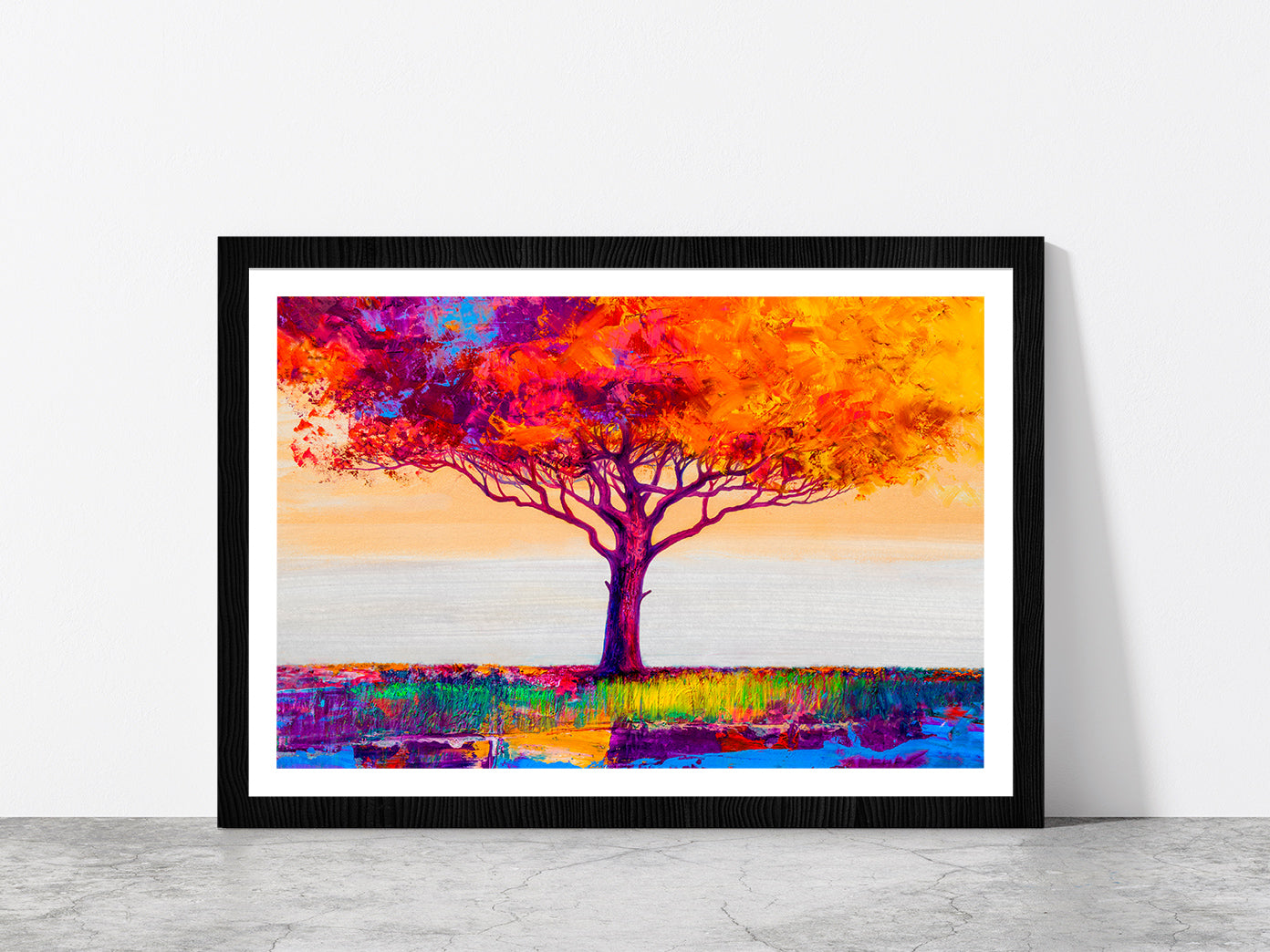 Abstract Colorful Autumn Tree Glass Framed Wall Art, Ready to Hang Quality Print With White Border Black