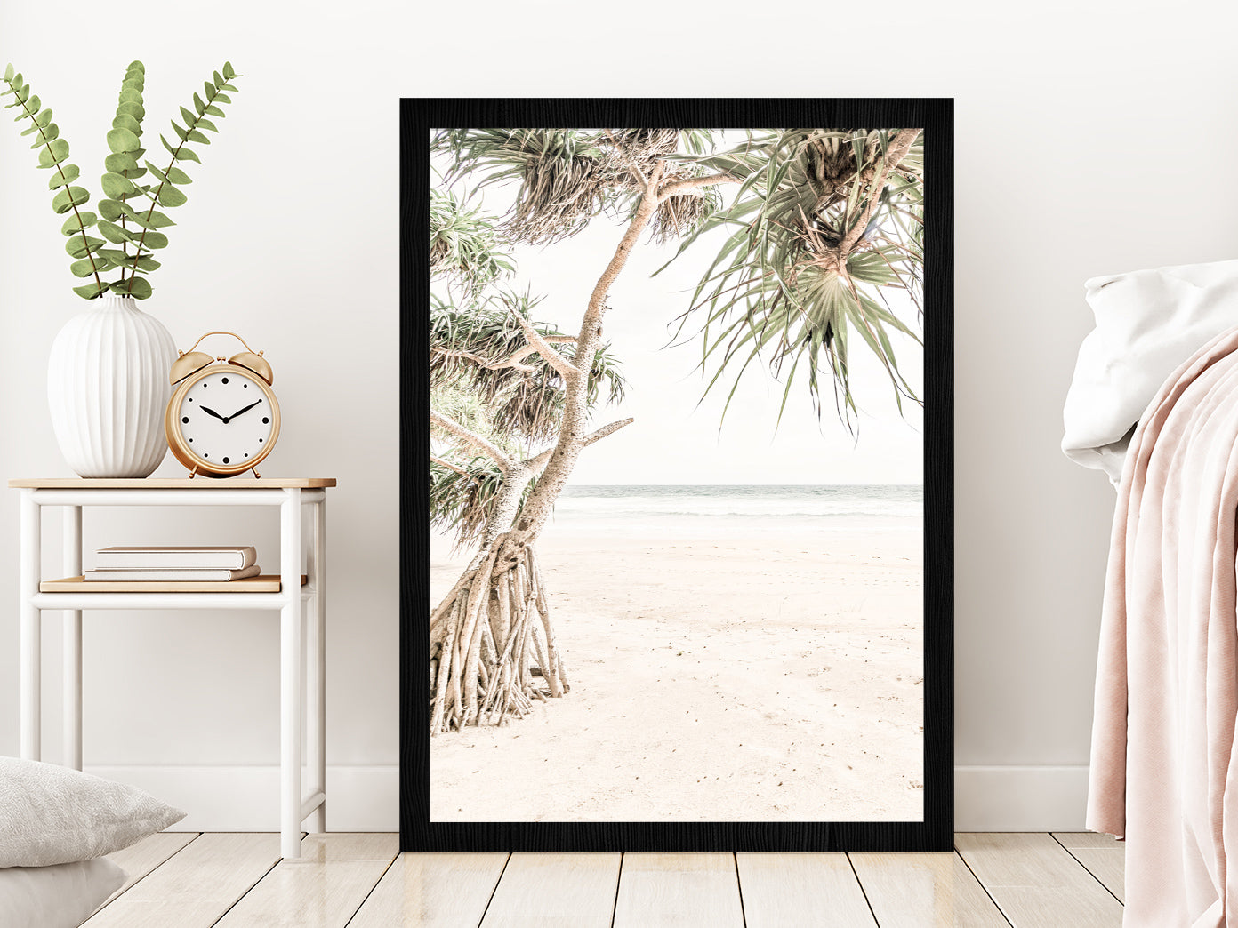 Trees near Sandy Beach View Photograph Glass Framed Wall Art, Ready to Hang Quality Print Without White Border Black