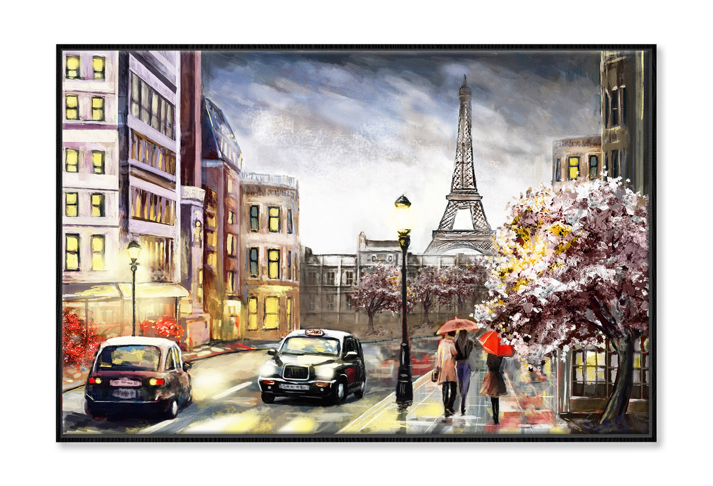 Paris Street Eiffel Tower & People Watercolor Painting Wall Art Limited Edition High Quality Print Canvas Box Framed Black