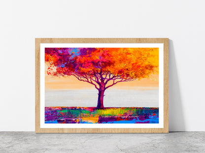 Abstract Colorful Autumn Tree Glass Framed Wall Art, Ready to Hang Quality Print With White Border Oak