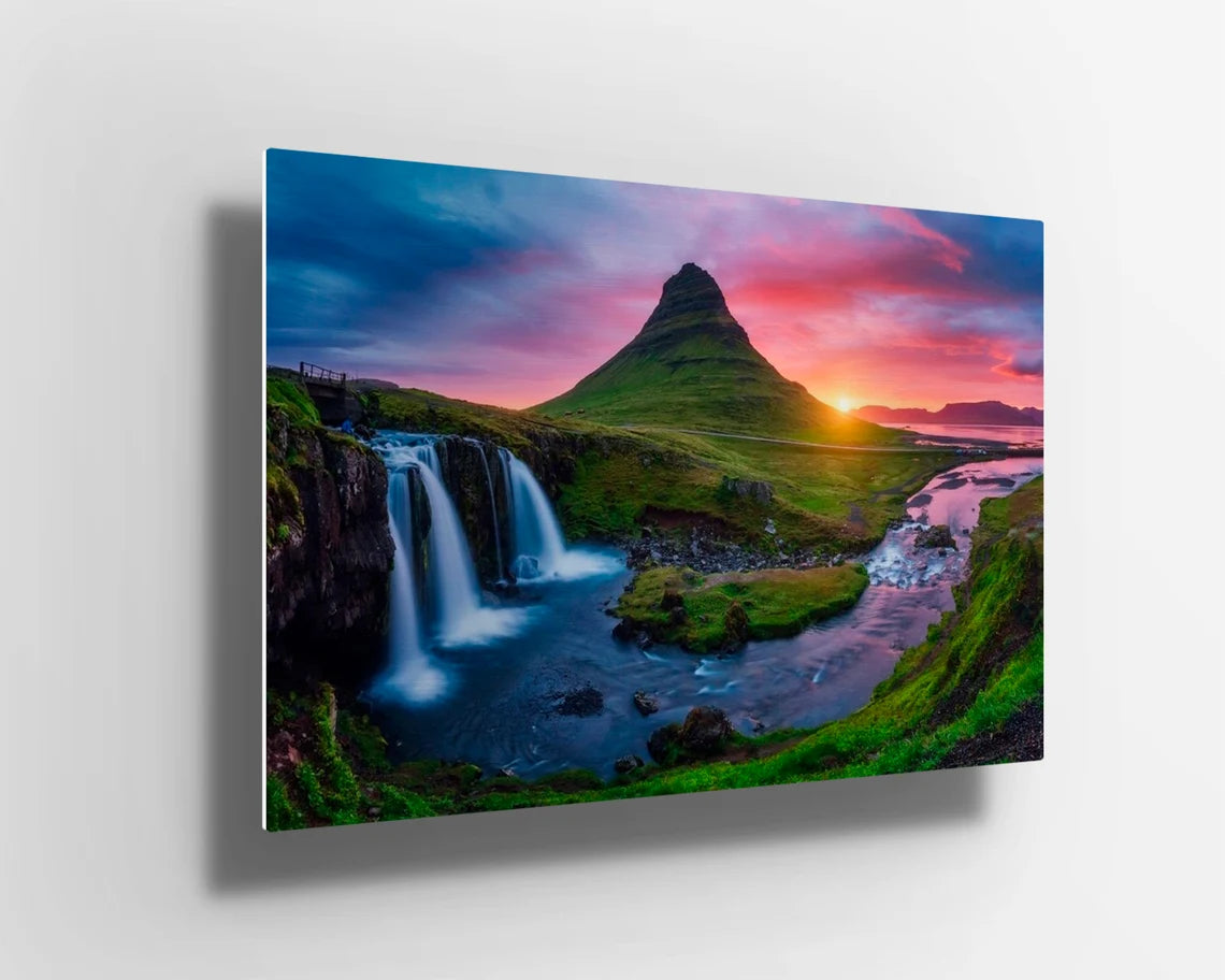 Mountains with sunset river UV Direct Aluminum Print Australian Made Quality