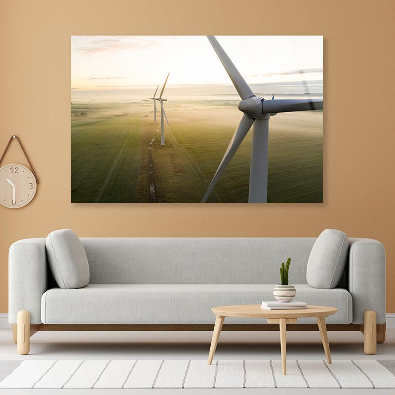 Aerial View Of Three Wind Turbines in The Early Morning Fog at Sunrise Acrylic Glass Print Tempered Glass Wall Art 100% Made in Australia Ready to Hang