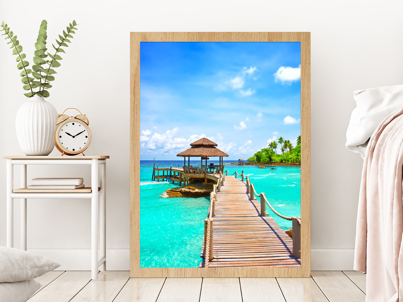 Sea with Pier Under Blue Cloudy Sky Photograph Glass Framed Wall Art, Ready to Hang Quality Print Without White Border Oak