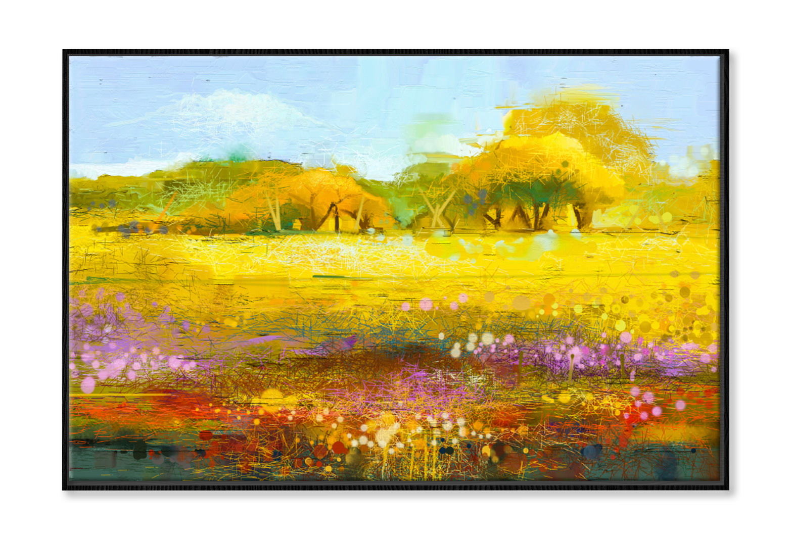 Yellow & Red Wildflowers With Blue Sky Oil Painting Wall Art Limited Edition High Quality Print Canvas Box Framed Black