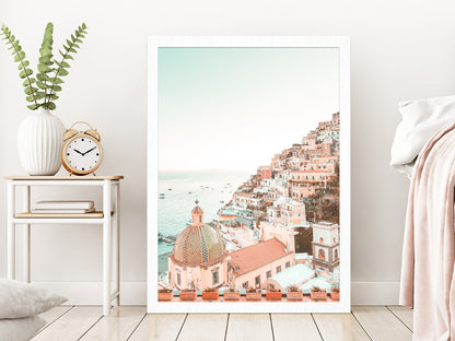 Positano Amalfi Coast Town View Photograph Glass Framed Wall Art, Ready to Hang Quality Print Without White Border White