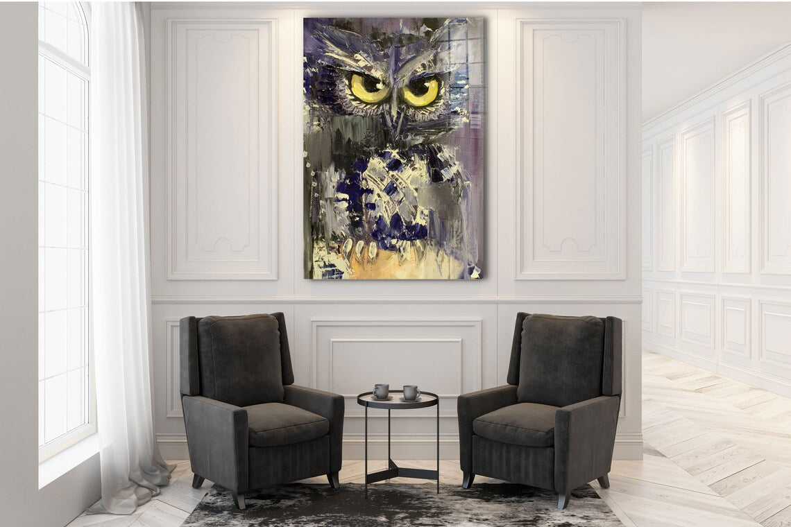 Yellow Eye Owl Painting UV Direct Aluminum Print Australian Made Quality