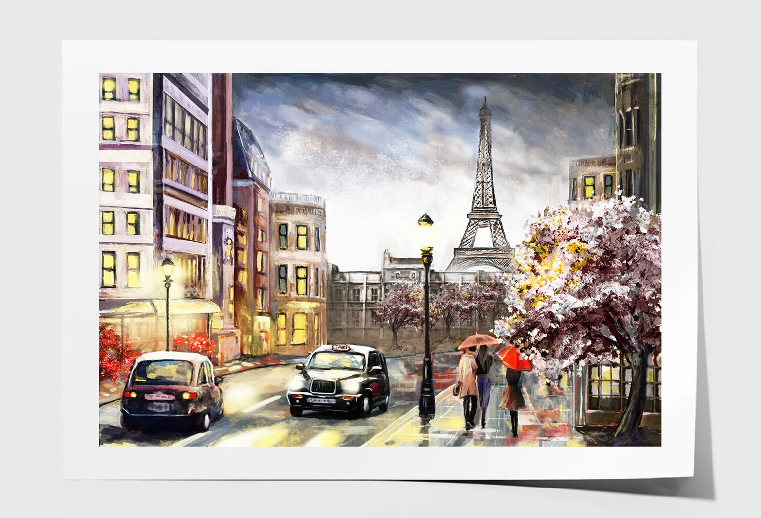 Paris Street Eiffel Tower & People Watercolor Painting Wall Art Limited Edition High Quality Print Unframed Roll Canvas None