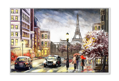 Paris Street Eiffel Tower & People Watercolor Painting Wall Art Limited Edition High Quality Print Canvas Box Framed White