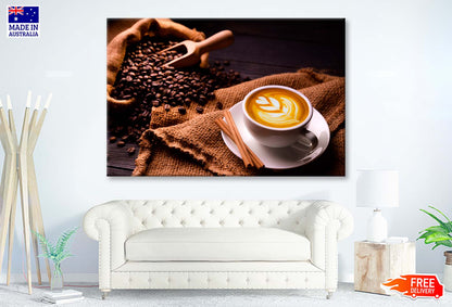 Cup Of Coffee with A Spoon and Some Coffee Beans Wall Art Decor 100% Australian Made