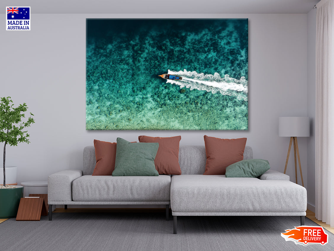 Aerial View of a Long tail Boat Sailing on a Water Print 100% Australian Made